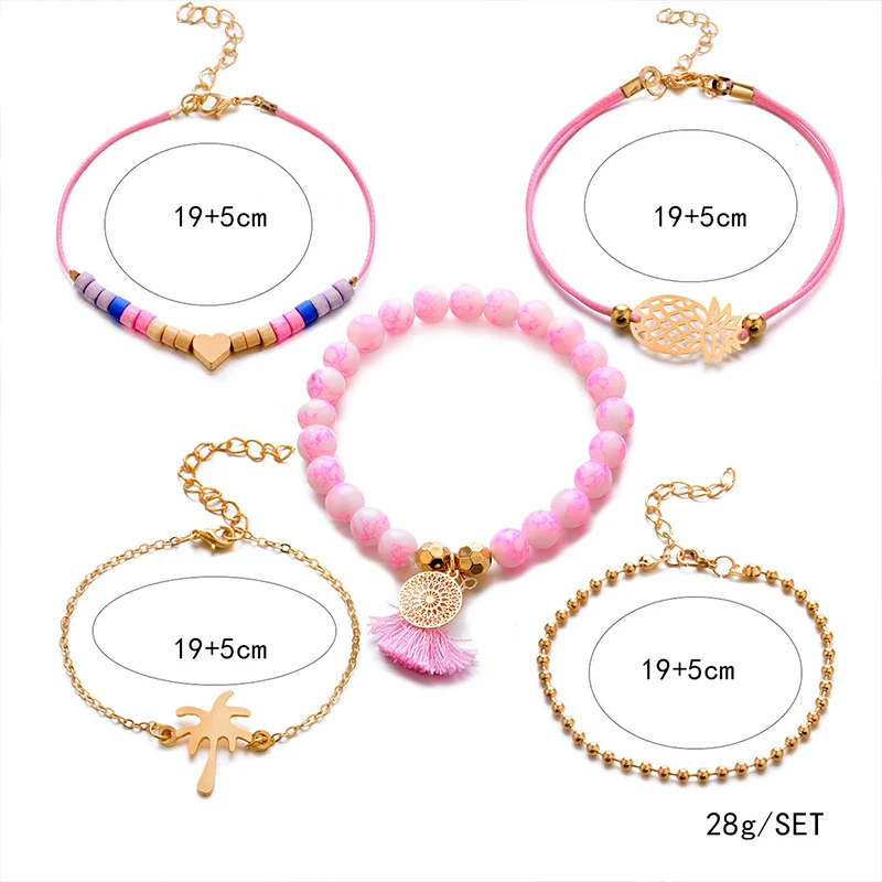 5 Pcs/Set Vintage Women Bracelets Coconut Pineapple Heart Pink Beads Tassel Pendant Leather Rope Gold Bracelet Set Party Jewelry | Украшения