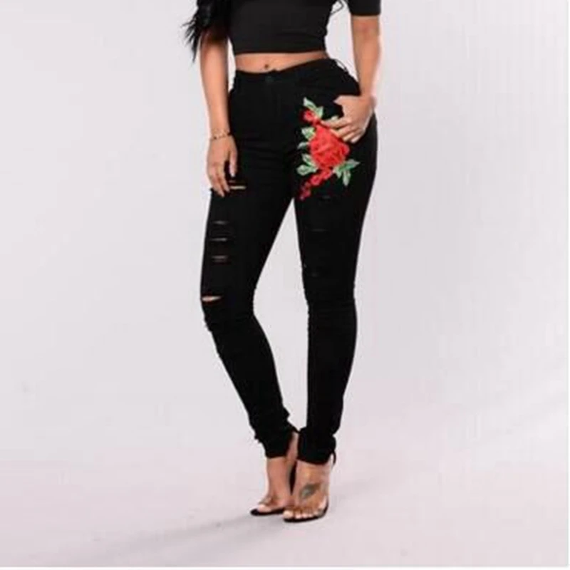 

CFYH Plus Size XXL Women Autumn Embroidered Jeans Ladies Distressed Ripped Jean Femme Knee Hole Skinny Pencil Pants