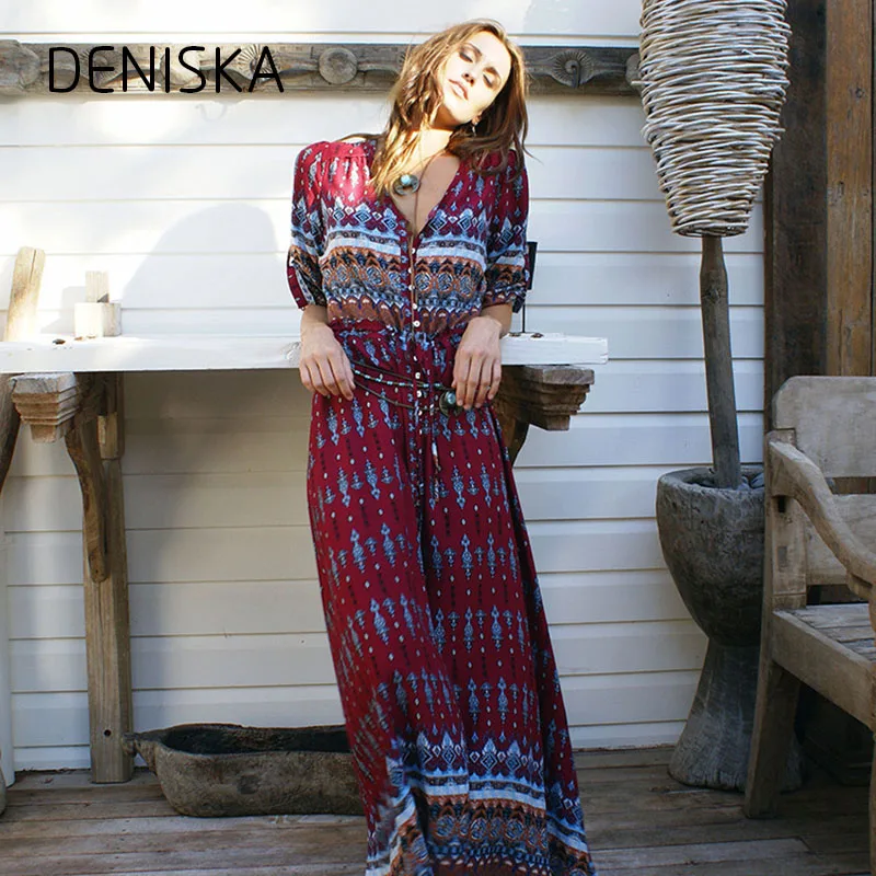 Дениска Для женщин пляжное длинное платье Boho свободные чешские Макси Обёрточная