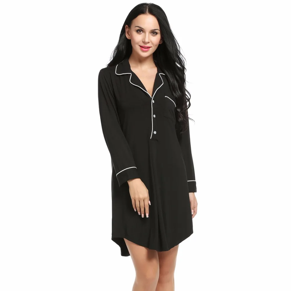 Ekouaer Women Sleepshirt Sexy Nightgowns Turn Down Collar Long Sleeve Polka Dot Solid Lounge Sleep Shirt Sleepwear | Женская одежда