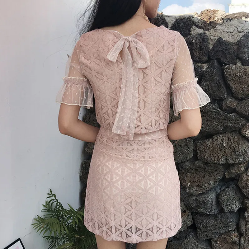 Летний модный комплект из 2 предметов Vestidos новинка 2019 Женская Милая Кружевная