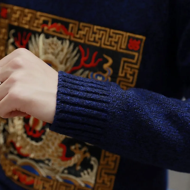 Мужской свитер с вышивкой в китайском стиле круглым вырезом|fashion men sweater|men fashion