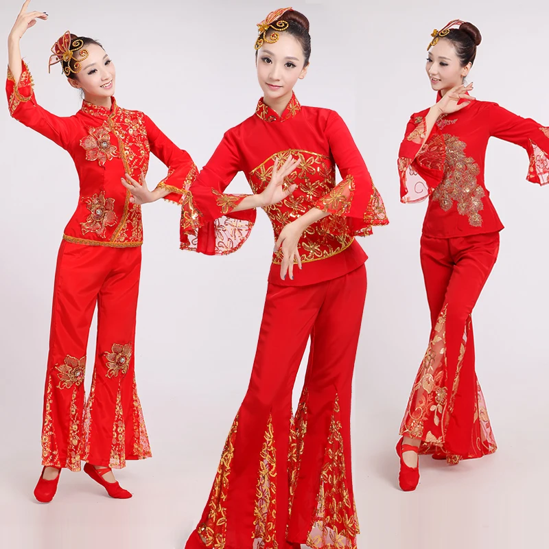 

Top+Pants+Hedwear Women Yangko Dance Costume Chinese New Year Dance Costume Female Fan Dance Costumes Waist Drum Clothing 89