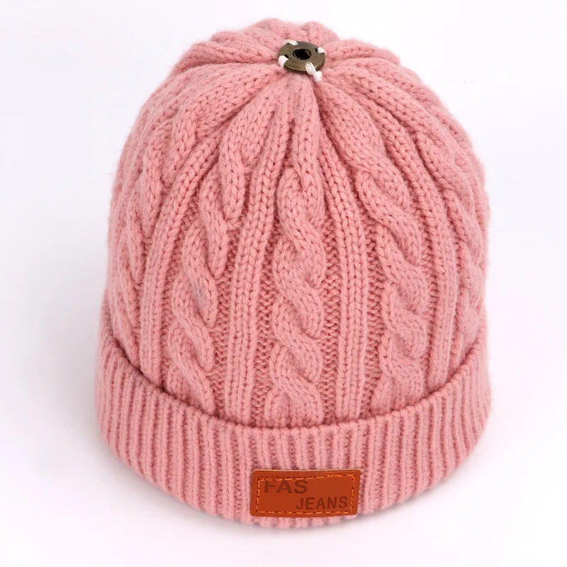 Dark Pink Однотонные вязаные хлопковые шапки для детей; сезон осень-зима; Детские теплые лыжные шапки с помпонами для мальчиков и девочек; универсальная шапка с искусственным мехом - Цвет: Dark Pink
