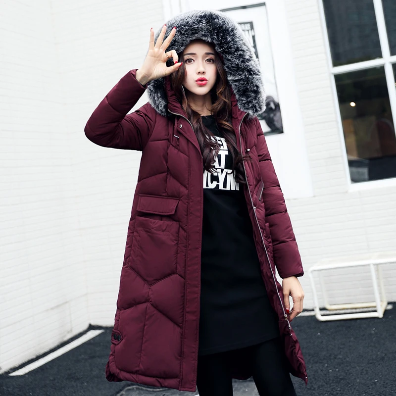 

Fashion New Women Winter Cotton Coat Warm Thickness Overcoat Outwear Slim Large Fur Collar Hooded Parkas Medium Long Padded