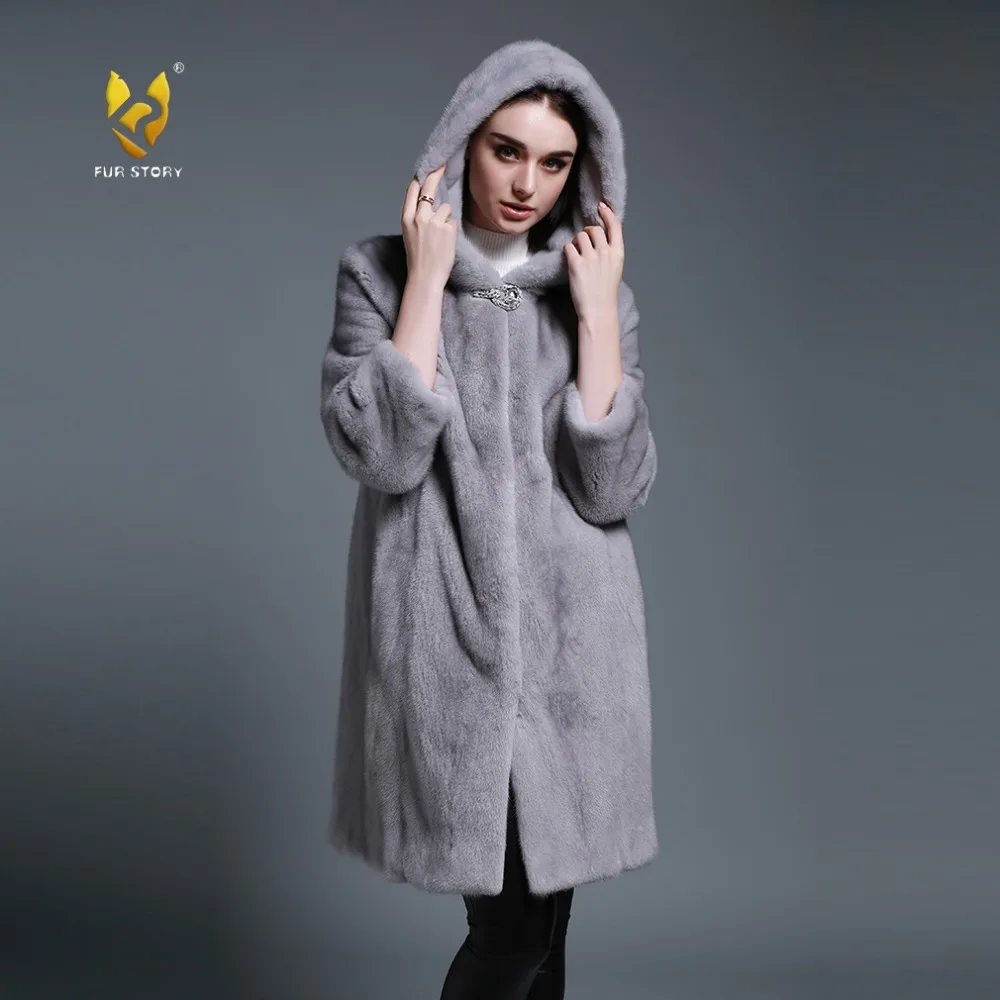 Женское пальто с капюшоном Fur Story FS161210 зимняя куртка из натурального меха норки |