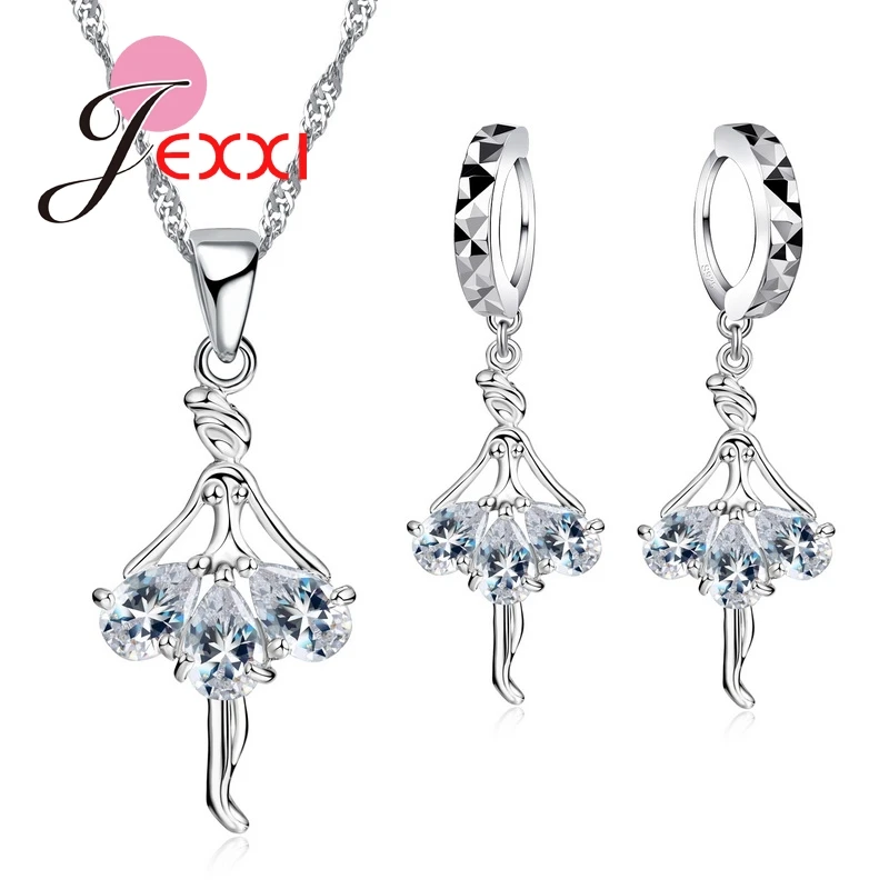 

925 Sterling Silver Ballerina Necklace Earrings Cubic Zirconia Necklaces Earring Set Wedding Engagement Jewelry Sets