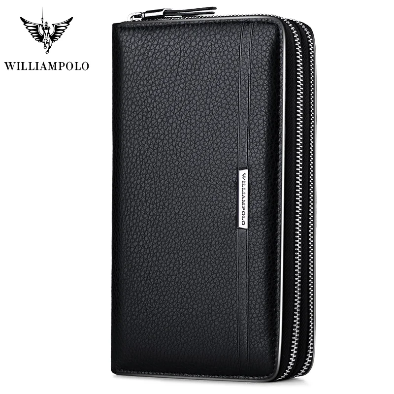 Длинный мужской клатч WilliamPOLO бумажник из натуральной кожи на двойной молнии