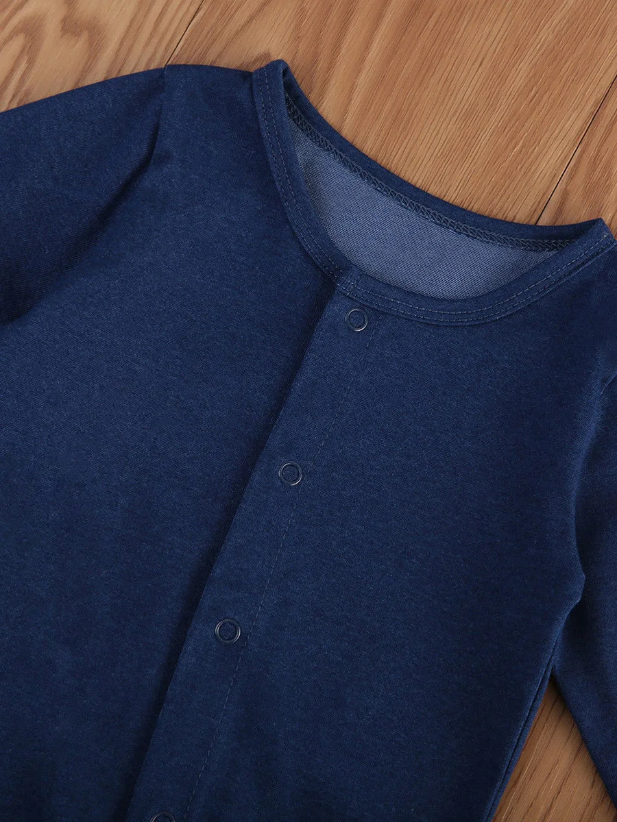 Синий джинсовый однобортный однотонный Комбинезон для маленьких мальчиков и