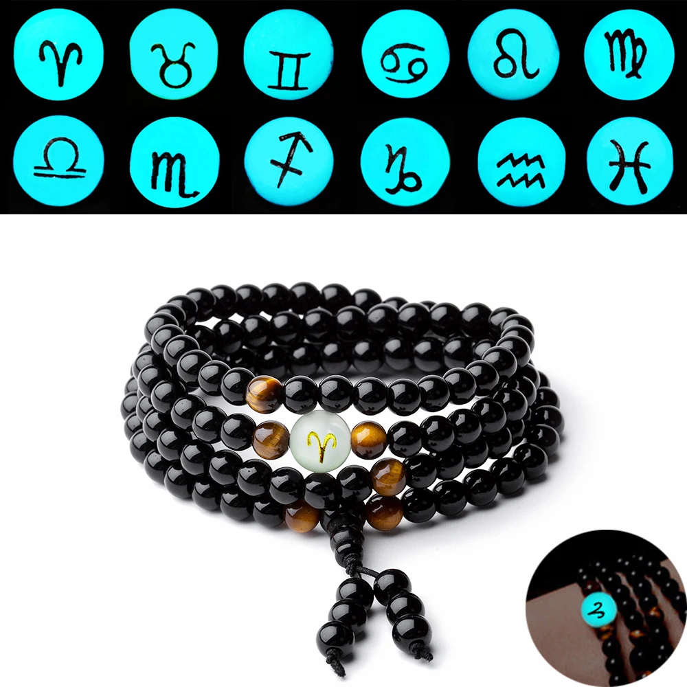 

BOEYCJR 12 Constellation Buddha Mala Beads Bangles & Bracelets Jewelry Glowing in the Dark Bracelet for Women or Men