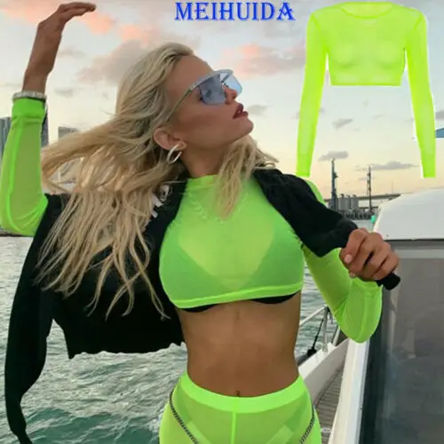 Женская футболка с длинным рукавом Прозрачная облегающая флуоресцентного