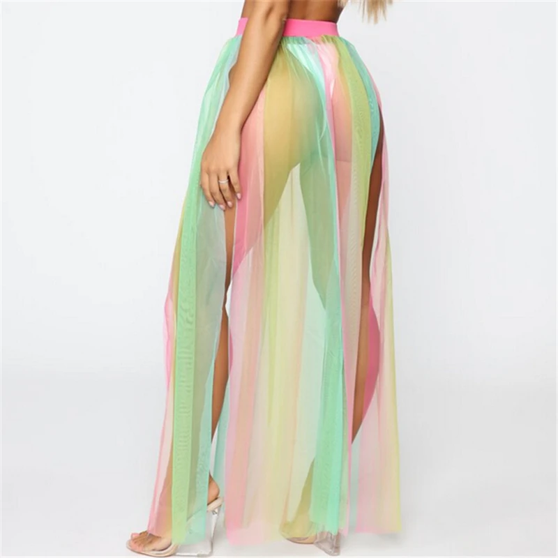

Women Beach Bikini Cover up Summer Mesh Swim Skirt Wrap Sarong Cover Up Dress Skirt Long Sundress High Waist Split Ladies Skirts
