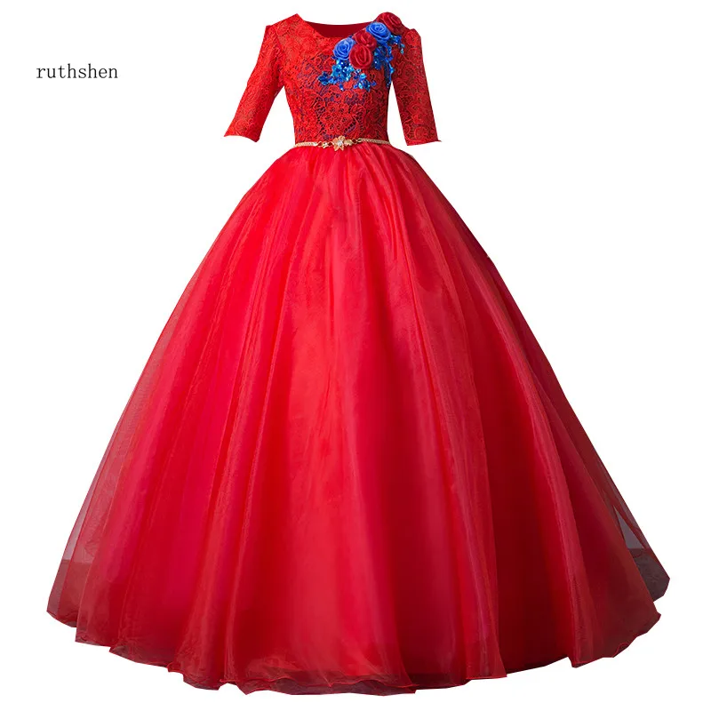 Ruthshen новый Vestidos Para Quinceanera платья полупальто красный Венеция Кружева пышные для