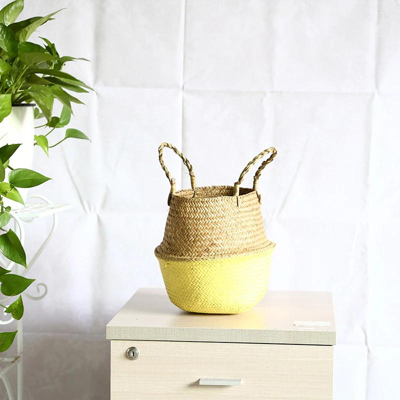 WHISM Seagrass Wickerwork Flower Basket Decorative Flower Pot Planter Hanging Flowerpots Woven Laundry Storage Basket Home Decor