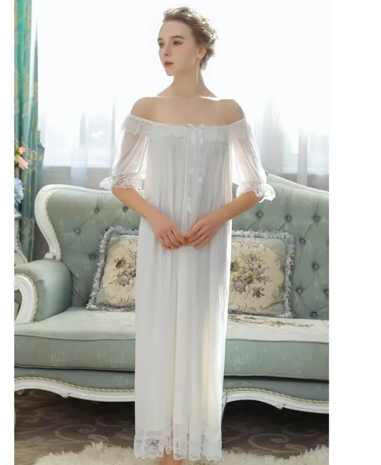 

2018 Short-sleeved Modal nightdress Women Summer Palace Sweet Princess Loose lace mesh Long Nightgown s1941