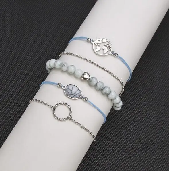 Bracelet Set Мода 5 шт./компл. ручной работы с милым сердечком браслет милый пуловер с круглым карта браслет набор для Для женщин Дамский браслет, ювелирные изделия для женщин - Окраска металла: Bracelet Set