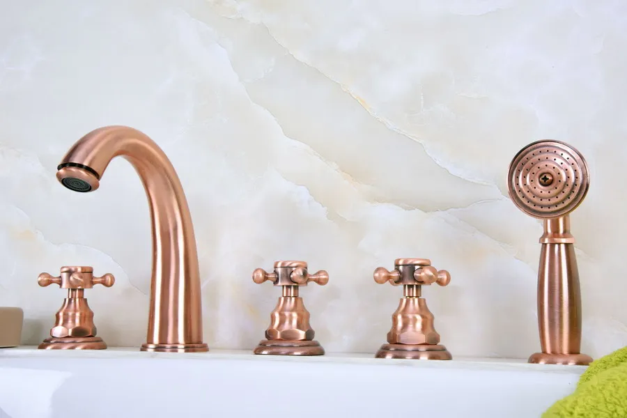 

Antique Red Copper Brass Deck 5 Holes Bathtub Mixer Faucet Handheld Shower Widespread Bathroom Faucet Set Basin Water Tap atf239