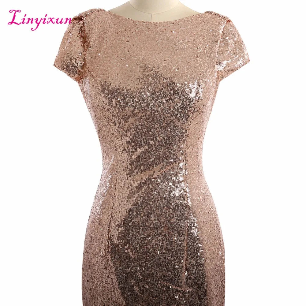 Длинное платье Linyixun цвета шампанского золотого с блестками коротким рукавом