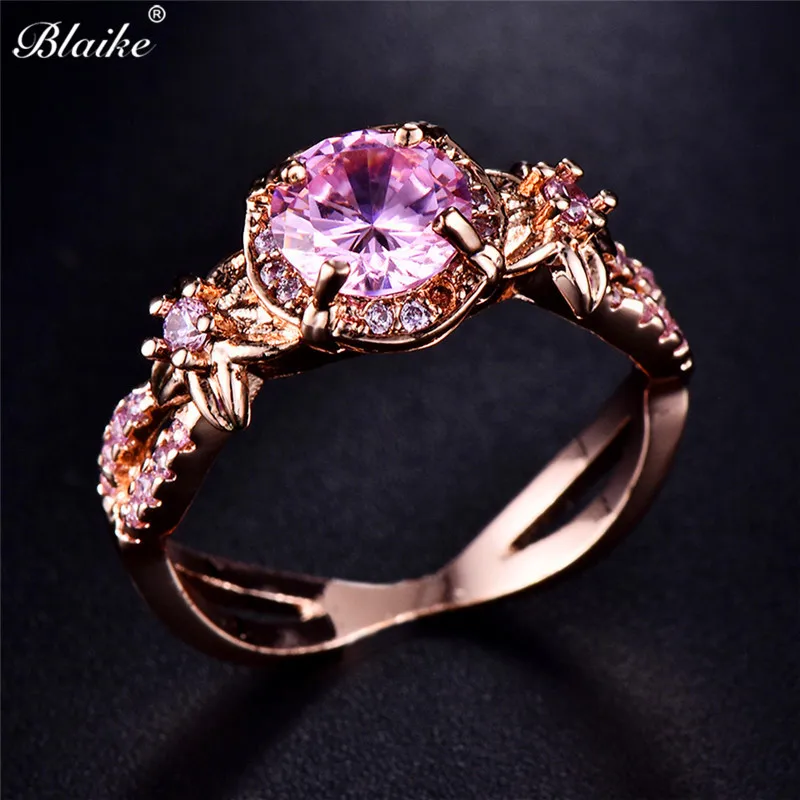Blaike Boutique Pink Zircon Female Rose Gold Filled Xmas Present Flower Rings for Women Wedding Jewelry Engagement Ring | Украшения и