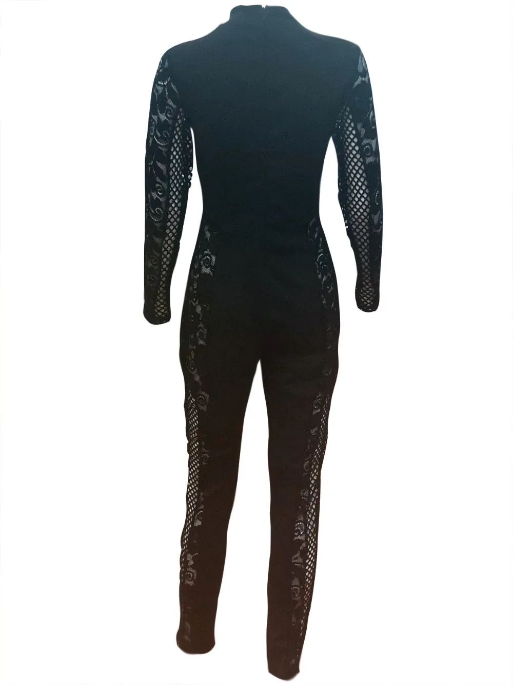 Черный сетчатый кружевной бандажный комбинезон с длинным рукавом обтягивающий