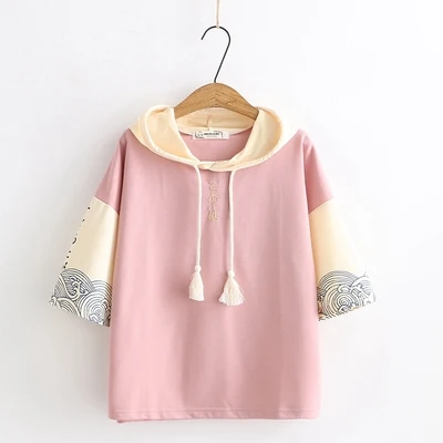 short-pink Женские толстовки, пуловеры с буквенным принтом Kawaii Harajuku, японская толстовка, милая графическая верхняя одежда, Лоскутная Толстовка с капюшоном, топы для девочек - Цвет: short-pink
