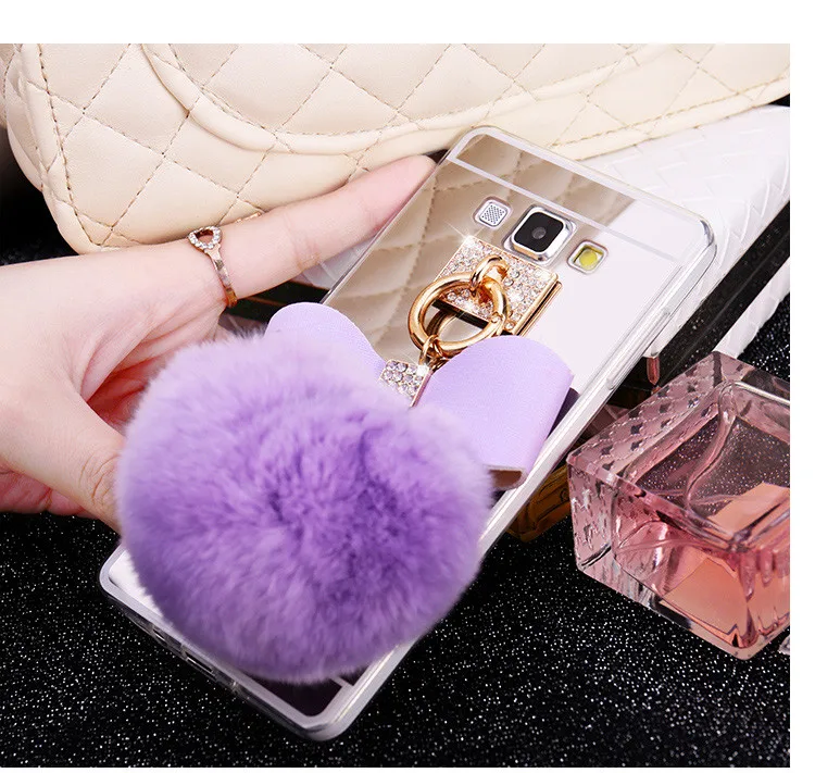 Ainike Diamond Mirror TPU With Pendant Rabbit Fur Ball Tassel Phone Case Cover For Samsung Galaxy S8 Plus A320 A520 J7 C9 C8 A8 |