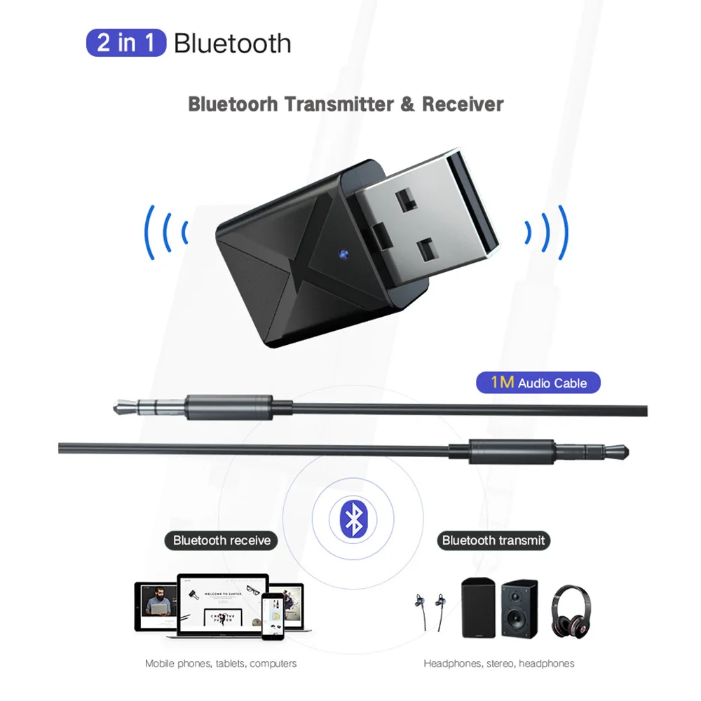 Беспроводной Bluetooth 5,0 аудио приемник передатчик Mini USB 3,5 мм 2-в-1 bluetooth-адаптер для ТВ компьютера автомобиля AUX самая последняя модель