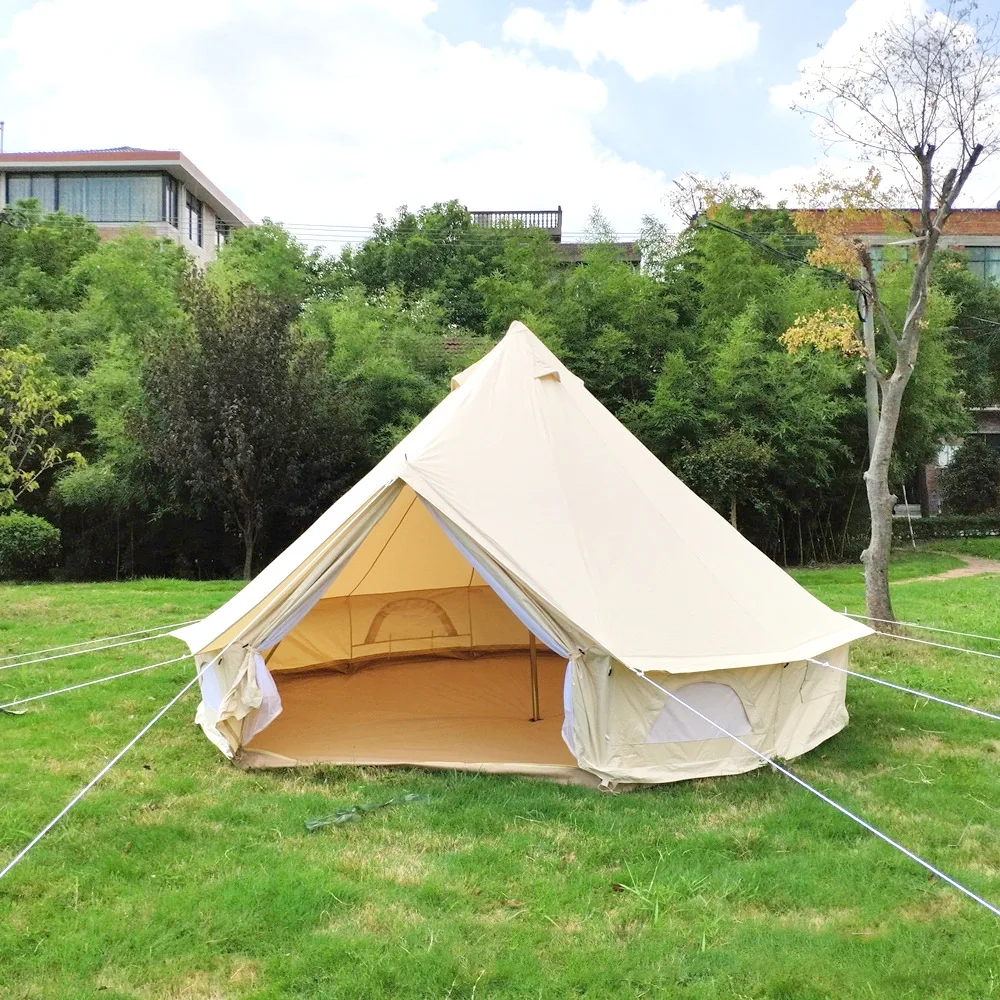 India yurt light khaki cotton canvas bell tent with stove jacket on the wall family 4m/5m dia |