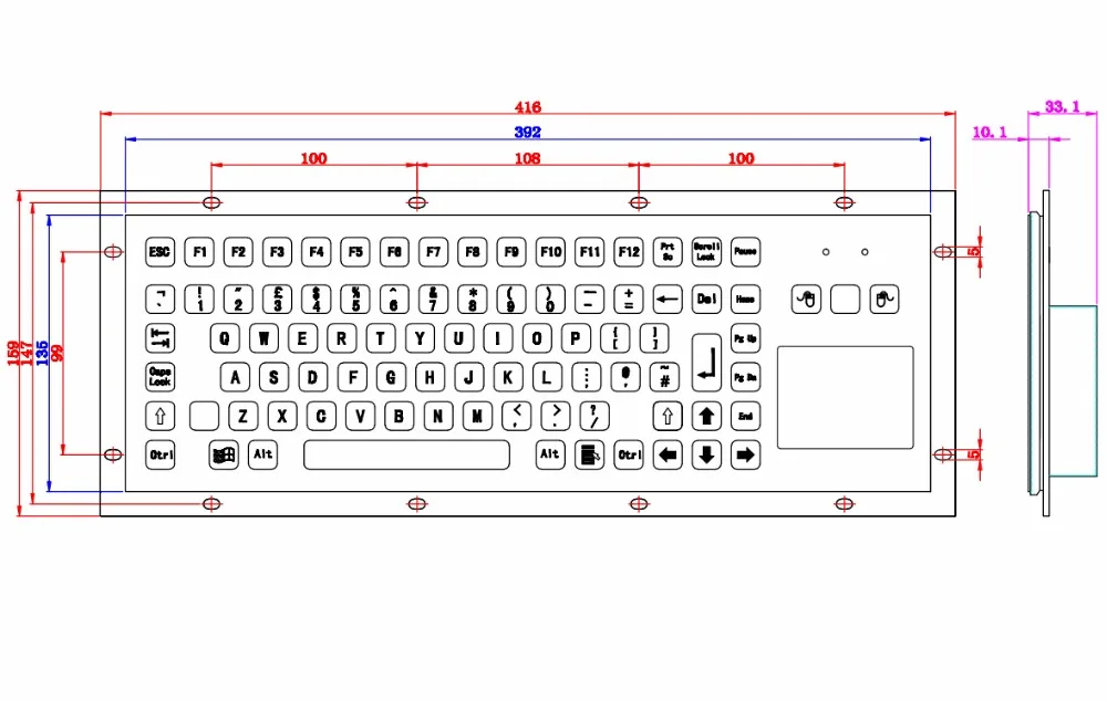 86 клавиш металлическая клавиатура с тачпадом киоска трекпадом IP65