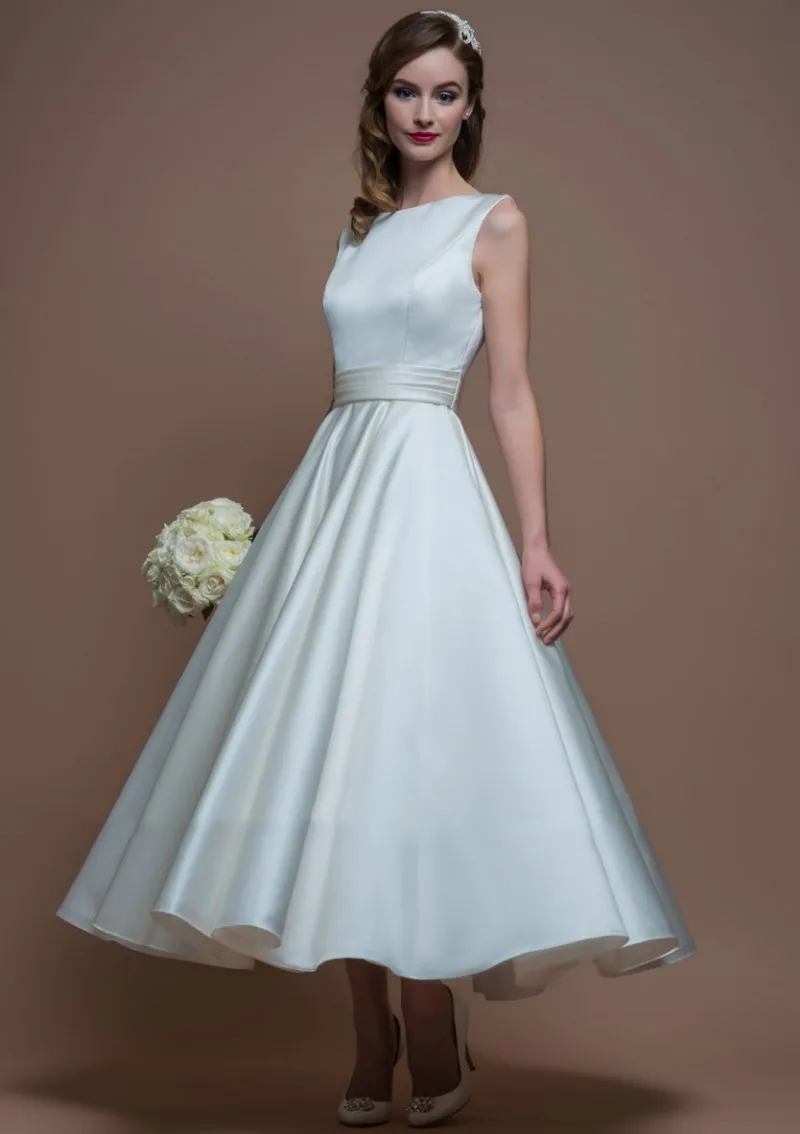 

Custom Made Vintage 1950s Short Wedding Gowns Scoop Neck Princess Bridal Gown Vestido De Noiva 2020 Bridal Dress Tea Length