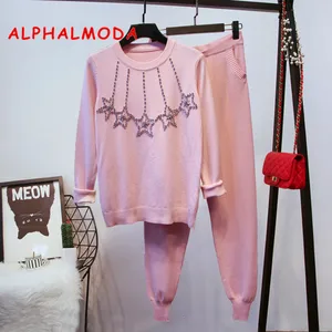 Женский вязаный спортивный костюм ALPHALMODA, свитер ручной работы со стразами и звездами и штаны, комплект из 2 предметов