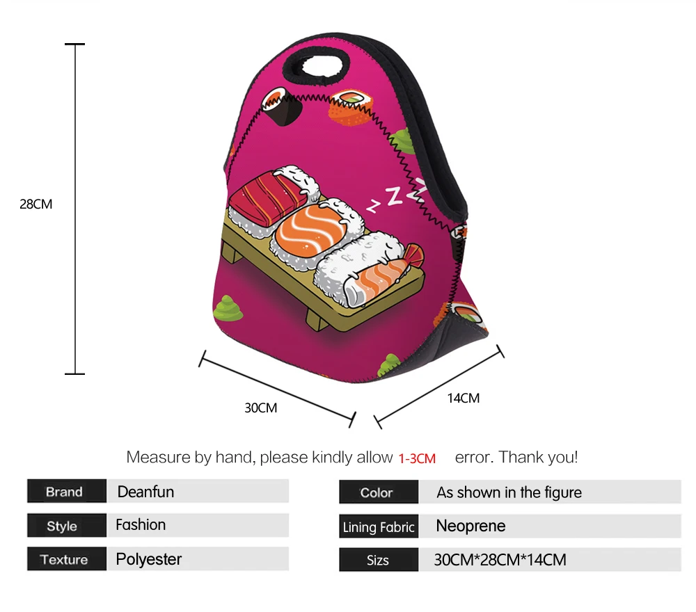 Deanfun 3D печатных суши сумки для ланча Мода неопрен с молнией еды пакет милый