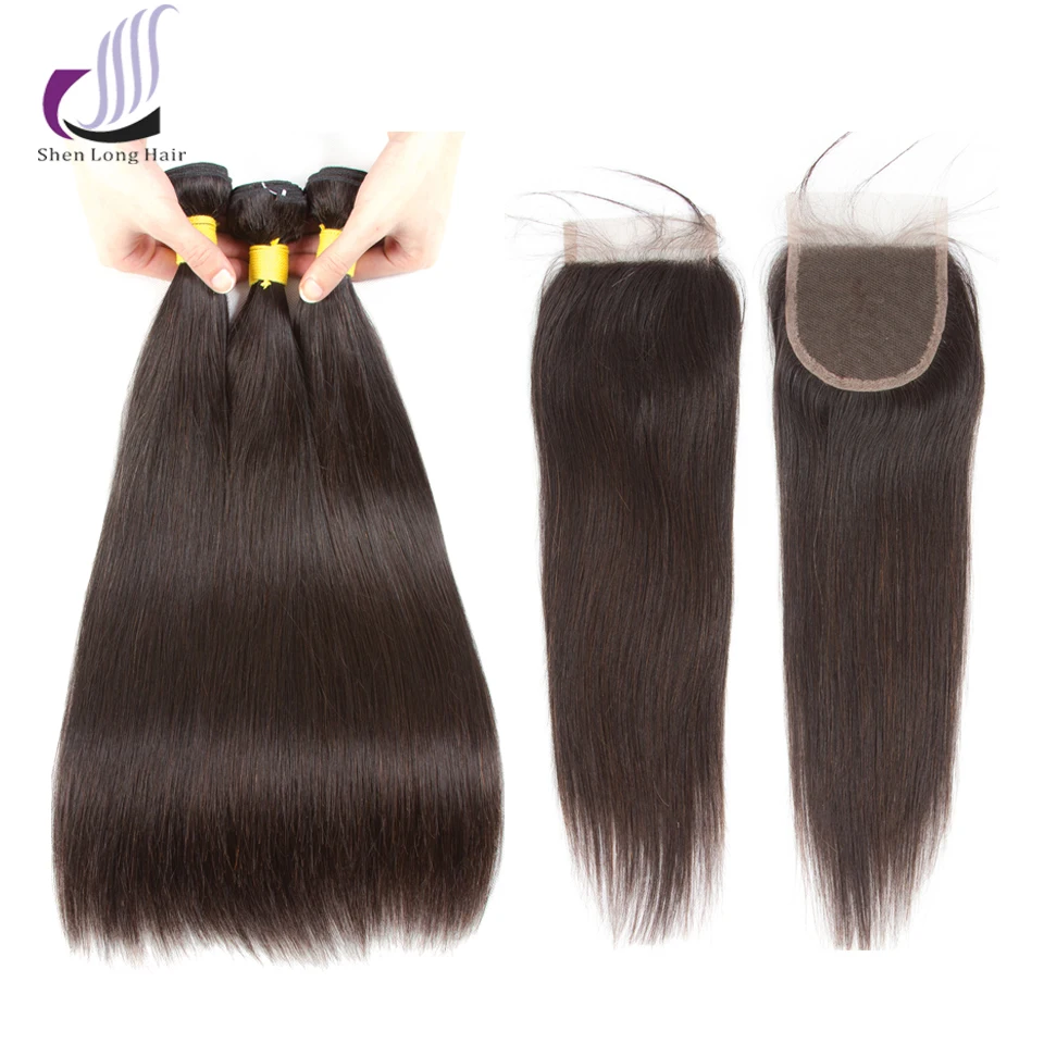 Shenlong Hair прямые человеческие волосы пучки с закрытием перуанские волос Remy