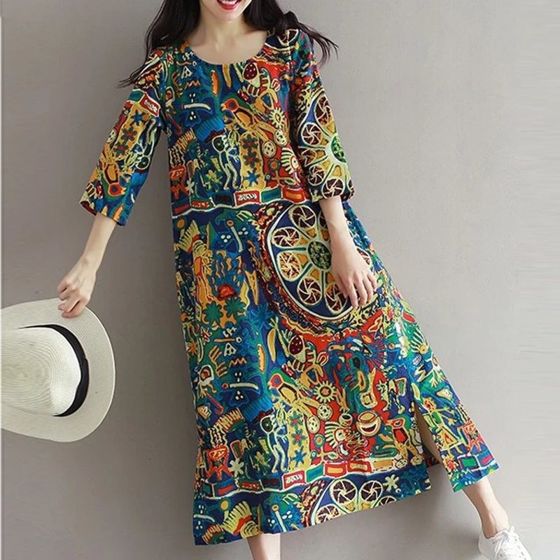 Летнее праздничное хлопковое платье свободного кроя с рукавом 3/4 и круглым