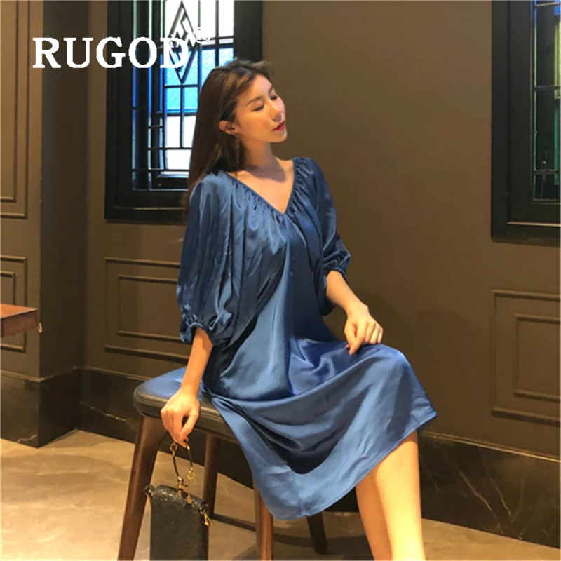 RUGOD винтажный прочный фонарь с длинным рукавом женское элегантное свободное платье миди с открытой спиной vestidos модное синее летнее платье