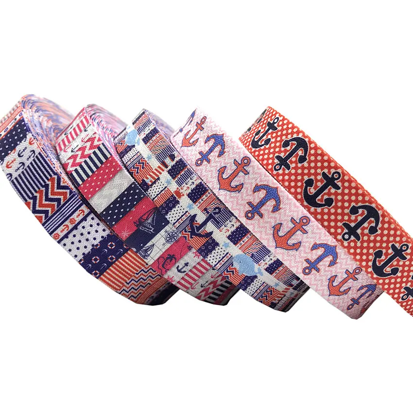 

10Y 16mm Nautical Chevron Anchor Heart Print Fold Over Elastic FOE Webbing Diy Birthday Party Favor Goodie Bag Packing Accessory