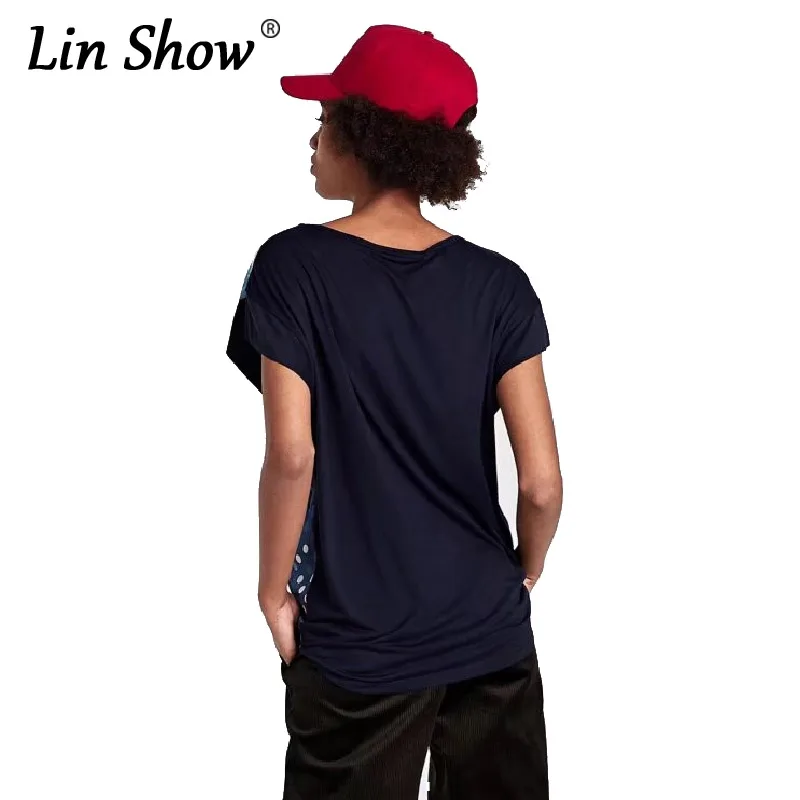 Linshow Лето Принт с цветком женские Футболки для женщин o-образным вырезом шить