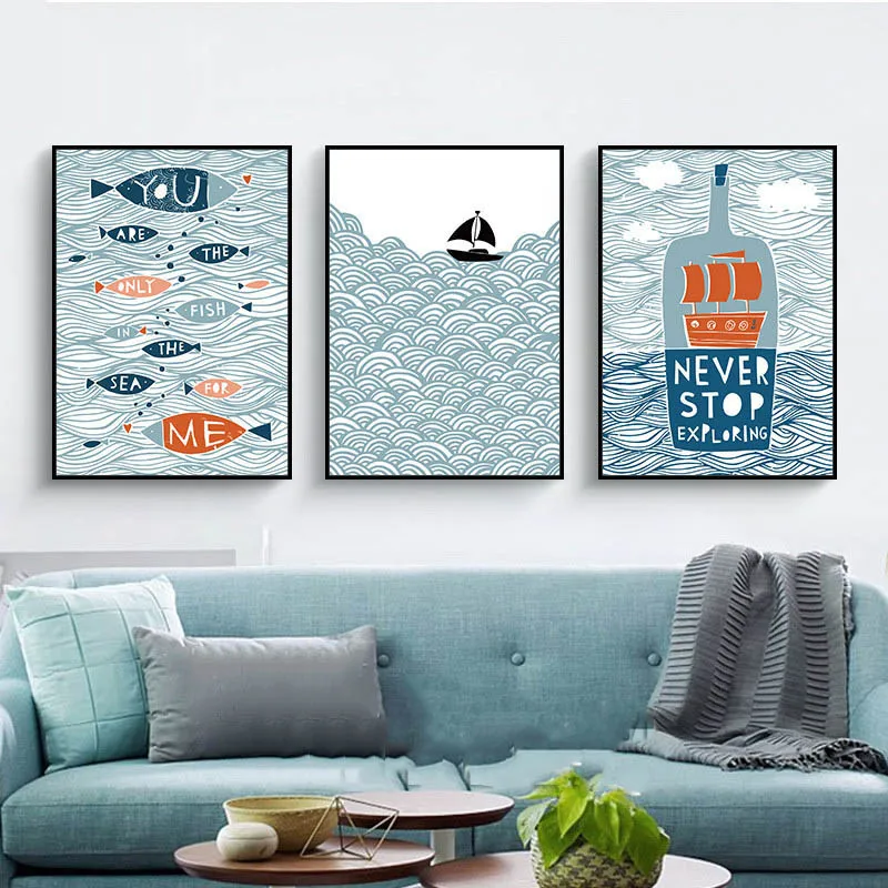 Настенное художественное полотно HD принты картина мультфильм морская волна рыба
