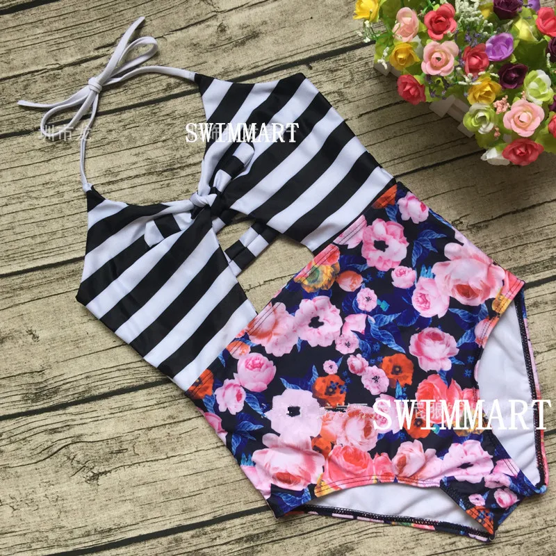 Цельный купальник 2020 женский пляжный с цветочным принтом и полосками зебры топы