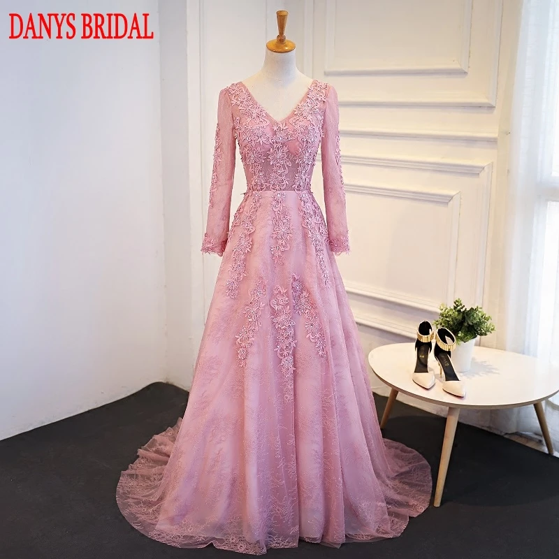 Розовые кружевные вечерние платья с длинным рукавом Длинные бисером женские