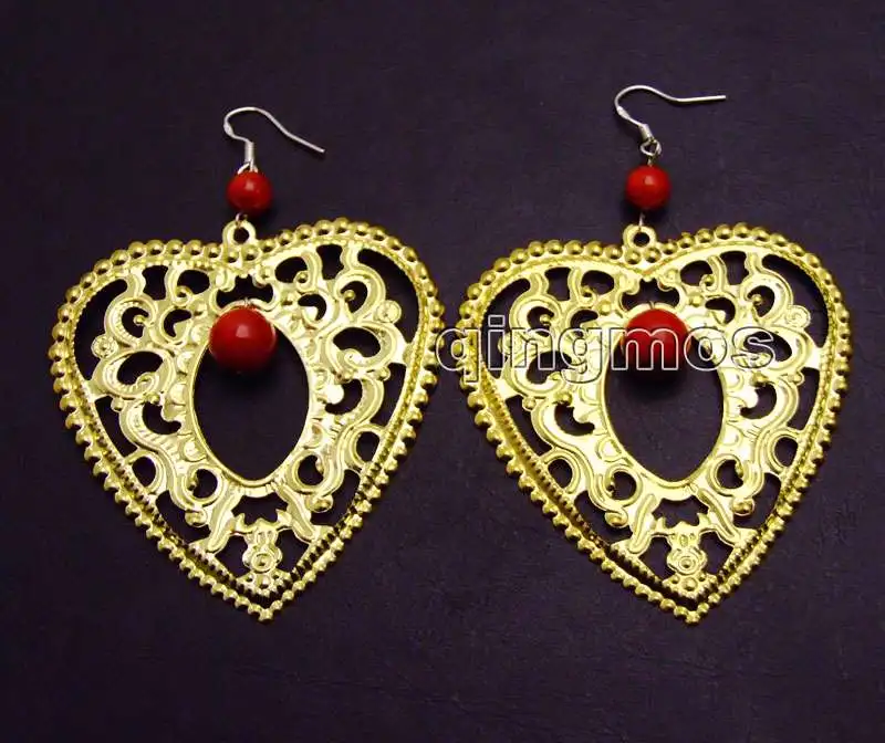 

Big 55*60mm Gold Heart Metal and 6-10mm Round Natural Red Coral dangle Earring-ear453 wholesale/retail