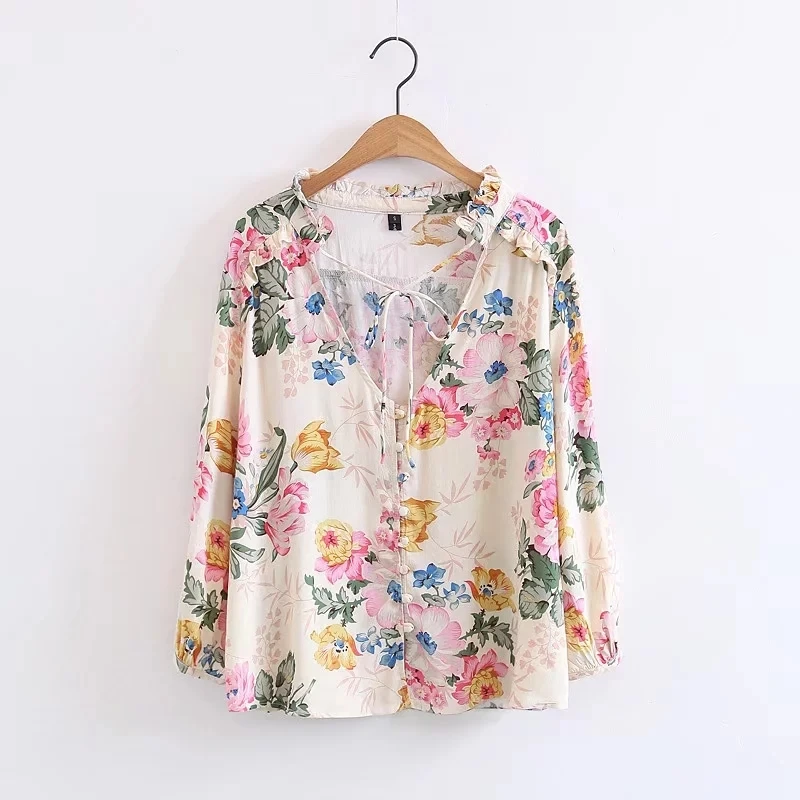 Boho блузка 2017 Новинка Осень кремовый цвет вискоза и хлопок цветочный принт блузки
