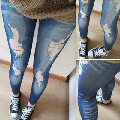 

Women Fashions Destroyed Leggings Jeans Look Jeggings Stretch Skinny Laddy Jeans Black/Blue Leggings New