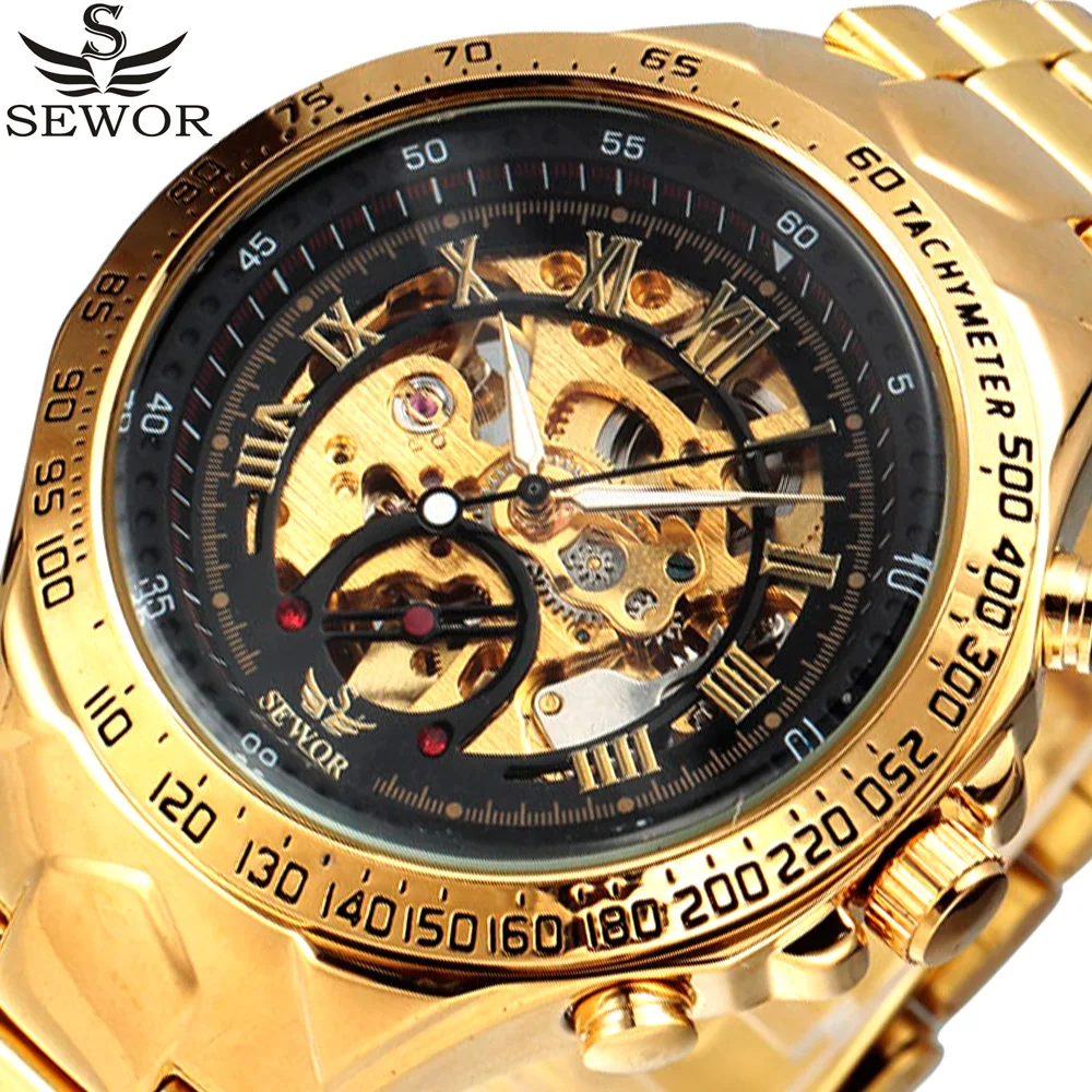 2016 люксовый бренд SEWOR военно скелет часы мужская спортивная автоматические