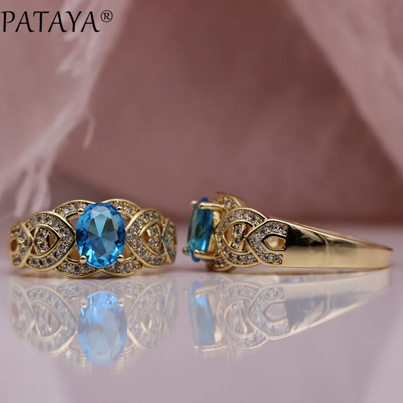 Новые роскошные женские кольца PATAYA цвета морской волны, розовое золото 585, овальный Природный Цирконий, модное ювелирное изделие для свадебной вечеринки, изящные полые кольца