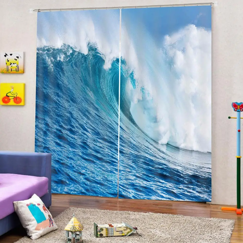 Высококачественные занавески 3d под заказ с синими волнами для фотографий | Дом и