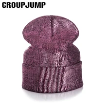 Женская вязаная шапка Skullies Beanies, модная зимняя женская шапка с золотым тиснением, одноцветная шапка бини, Женская мигающая шапка Skullies для девушек