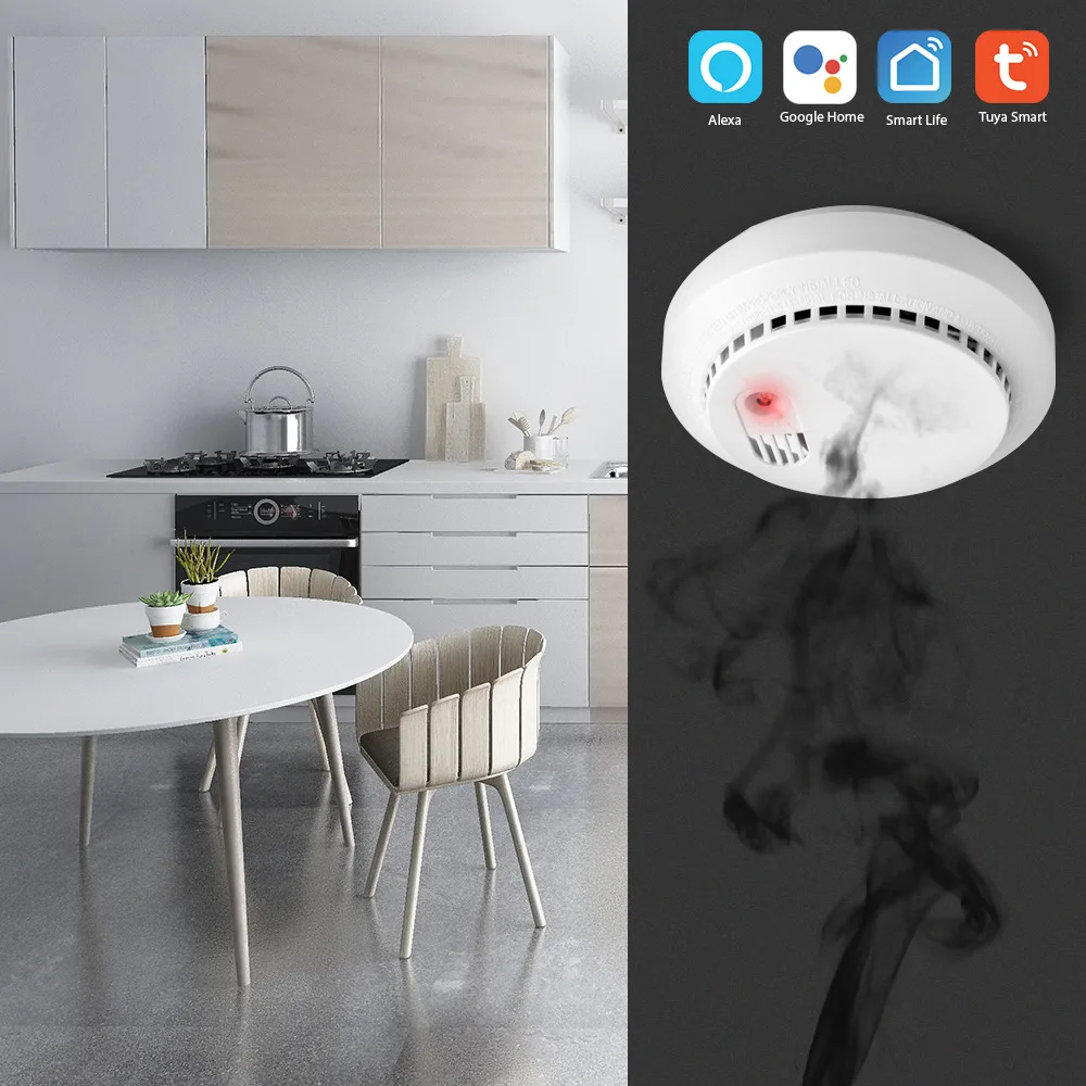 

PSCBT CO Smoke Detector Fire Protection Alarm Sensor Tuya Smart APP Message Alarm Google Home Alex
