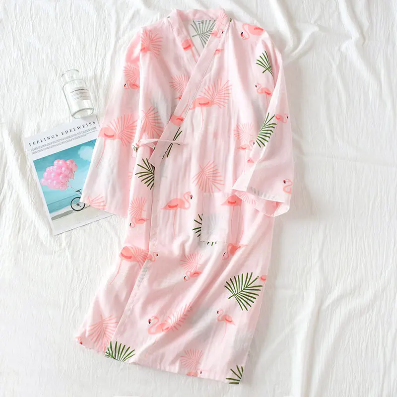 Summer Women Cotton Gauze Robe Gown Sexy Japanese Kimono Bathrobe Casual Yukata Night Dress Print Lovely Pajamas Sleepwear