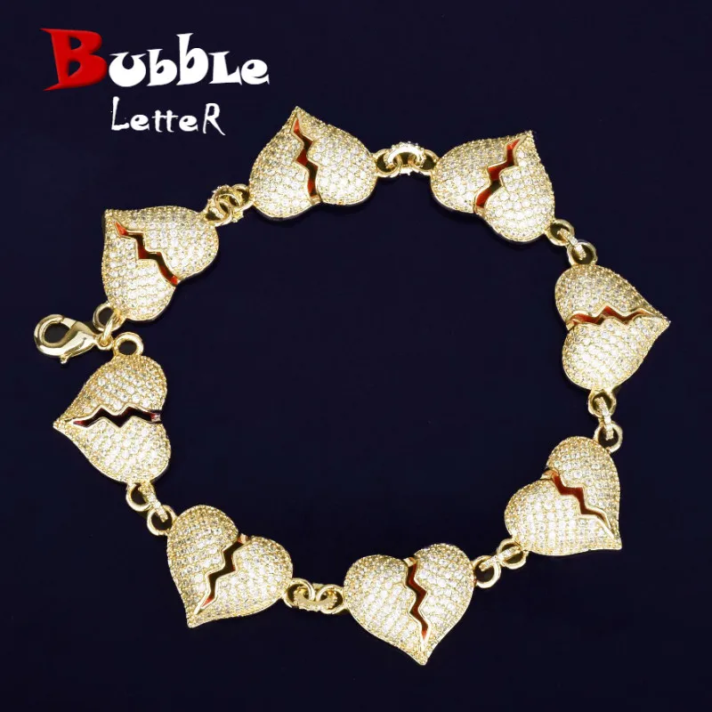 

8 Inch Broken Heart Bracelet for Men Gold Color AAAAA Cubic Zircon Hip Hop Jewelry 2022 Trend